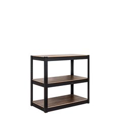 a black and wood shelf with two shelves on each side, against a white background