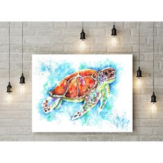 a watercolor painting of a sea turtle on a brick wall with black lights hanging from the ceiling