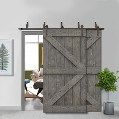 an open sliding barn door in a living room with a potted plant next to it