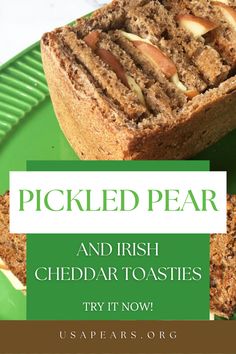 a green plate topped with two slices of bread on top of each other and the title pickled pear and irish cheddar toasties try it now