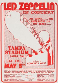 an old concert poster for led zeppelin in concert at the tampa stadium on may 5, 1970