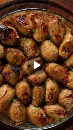 an overhead view of roasted potatoes on a platter