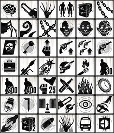 black and white silhouettes of various items in the form of squares with numbers on them