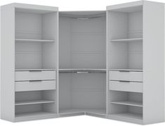 an open white closet with shelves and drawers