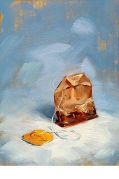 an oil painting of a bag with a tag on it and a piece of paper in front of it