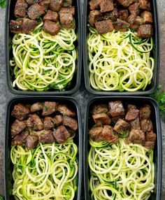 four trays filled with meat and zucchini noodles