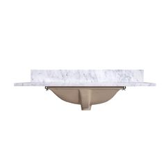 a bathroom sink with a white marble counter top