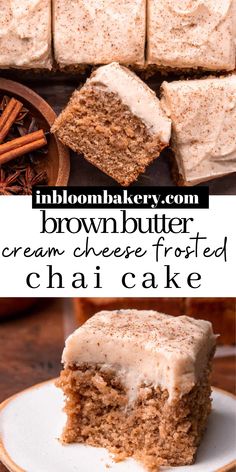 this is an image of a piece of brown butter cream cheese frosted chai cake