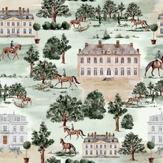 a wallpaper with horses and houses on it