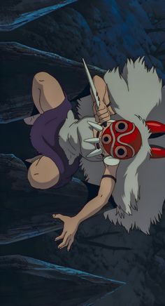 an animated image of a person falling down in the water with a demon mask on