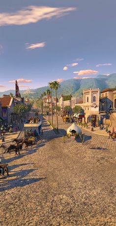 an old western town is shown in this time lapse photo with horses and wagons