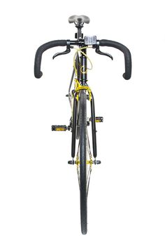 the front end of a bicycle with yellow and black bars