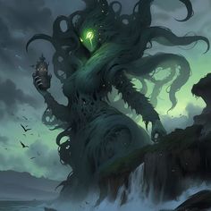 an illustration of a giant creature with glowing eyes and tentacles on its head standing in the water