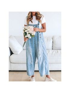 BZB Women's Casual Denim Overalls Loose Adjustable Strap Distressed Bib Jeans Overall Jumpsuits With Pocket Baby Blue     Plain    Women Clothing, size features are:Bust: ,Length: ,Sleeve Length: Shien Overalls, Suspender Jeans, Denim Dungarees, Loose Knit Sweaters, Loose Fit Jeans, Jeans For Women, Girls Denim, Overalls Women, Women Denim Jeans