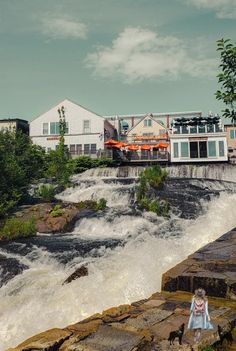 a woman standing on the edge of a waterfall next to buildings and a dog in front of it