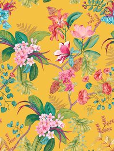 a yellow floral wallpaper with pink and blue flowers