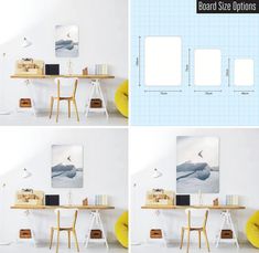 three different views of a desk and chair