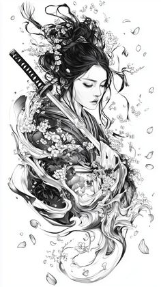 Dive into the artistry of this stunning black and white line drawing featuring a fierce female shinobi. This intricate tattoo illustration showcases a Japanese samurai girl adorned with detailed cherry blossom petals and bold outlines. The high level of detail, combined with masterful lines and shading, creates a captivating black and gray intense color palette against a pristine white background. Perfect for lovers of Japanese culture, tattoo art, and anyone seeking inspiration from the powerful and elegant imagery of a female samurai warrior. Explore the beauty of traditional and contemporary tattoo styles with this mesmerizing piece. Japanese Ideas Tattoo, Cherry Blossom Leg Sleeve, Lady Samurai Tattoo, Chinese Lady Tattoo, Japanese Cherry Blossom Tattoo Black And White, Samurai Girl Drawing, Geisha Drawing Tattoo, Female Samurai Tattoo Geishas, Female Samurai Tattoo Design