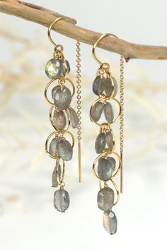 Labradorite Cluster Threader Earrings - Mickey Lynn Earring Trends, Labradorite Earrings, Jewelry Design Earrings, Demi Fine Jewelry, Threader Earrings, Handcrafted Earrings, Cluster Earrings, Jewelry Inspo, Bracelet Patterns