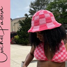 Colourful Crocheted Hat Pattern PDF download - Etsy France Checker Pattern Crochet, Crochet Hat Styles, Crochet Fashion Patterns Free Tutorials, Pink Crochet Bucket Hat, Crochet Checkered Hat, Crochet Bucket Hat Outfit, Crotchet Fits, Crochet Hat Outfit, Checkered Bucket Hat Crochet