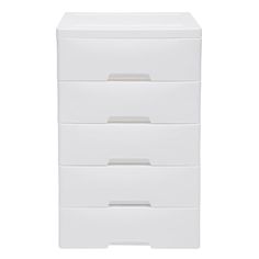 a white dresser with four drawers on it's sides and one drawer open to show the