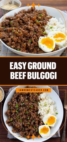 an easy ground beef bulgogi recipe on a plate with rice and eggs