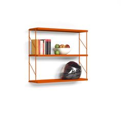 two orange shelves with helmets and books on them