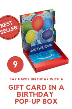 a birthday card in a pop - up box with the words, say happy birthday with a gift card in a pop - up box