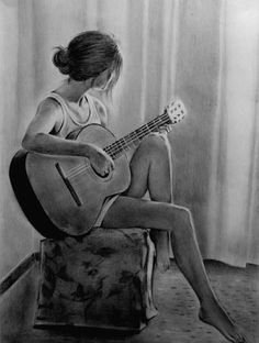 a pencil drawing of a girl playing the guitar