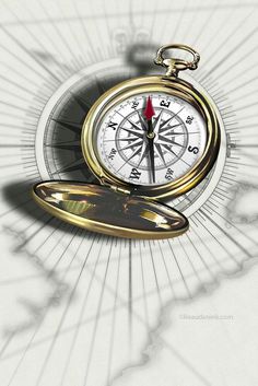 a gold compass with a red arrow on it is shown in the middle of a white background