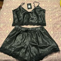 Brand New Size M Satin Cropped Cami & Shorts Elastic Waistband Shorts Black Summer Pajama Party Sets, Spring Nightwear Sets Fitted, Fitted Night Sets For Spring, Black Fitted Sleep Sets, Fitted Sets For Summer Nights, Fitted Summer Night Sets, Black Summer Sleep Bottoms, Fitted Black Short Sleepwear, Casual Black Sets For Night