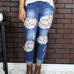 Distressed Ripped Denim Relaxed Fit Ankle Skinny Jeans With Mid Rise And Cuffed Hem. Crochet Lace Inserts Fabric That Hugs You In The Perfect Places For Great Fit And Comfort. Brand New Thank You! Fitted Denim Bottoms With Lace Trim, Casual Blue Lace Bottoms, Jeans With Lace, Jeans Ripped, Patched Jeans, Lace Insert, Ripped Denim, Ripped Jeans, Crochet Lace