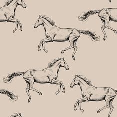 four horses running in the same direction on a beige background with black and white ink