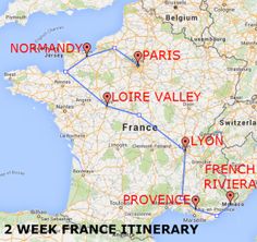 a map shows the location of france's two week itinerary, where there is no 2