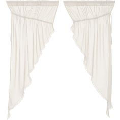 two white curtains with ruffles hanging from the top and one on the bottom