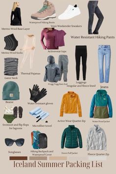 the iceland summer packing list includes clothing, shoes, and other things to pack in