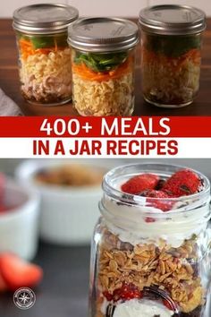 four mason jars filled with granola, yogurt and strawberries in them