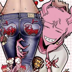 an image of a woman in jean pants with tattoos on her butts and stockings