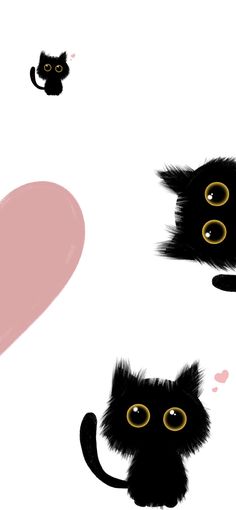 two black cats sitting next to each other on top of a pink heart shaped object