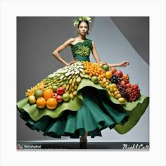 a woman in a green dress made out of fruits and vegetables is standing with her hands on her hips