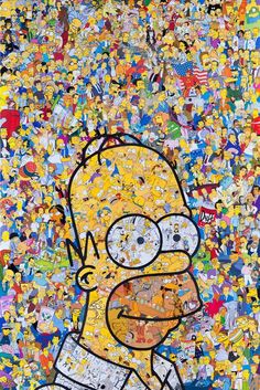 the simpsons character is surrounded by hundreds of other cartoon characters and their faces are drawn in various colors