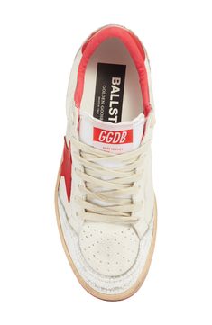 A worn-in look gives street cred to this court-inspired sneaker detailed with vivid colorblocking. Lace-up style Leather and textile upper and lining/rubber sole Made in Italy Women's Designer Shoes Red Golden Goose, Company Pictures, Cute Sneakers For Women, Golden Goose Ball Star, Red Clothes, Outfit Inso, White Strawberry, Preppy Shoes, Shoe Wishlist