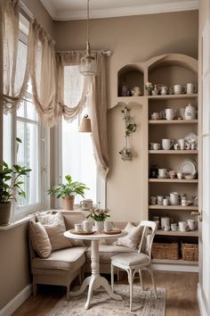 Cozy corner with a small table, chairs, plants, and shelves filled with cups and teapots. Coffee Nook With Seating, Shabby Chic Interior Design Style, Coffee Nook Ideas, Cozy Coffee Nook, Coffee Nooks, Micro Bakery, Nook Inspiration, Tea Room Decor, Vintage Table Setting