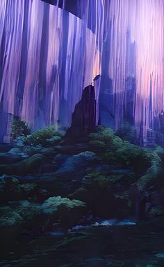 an abstract painting of trees and rocks in the woods with purple light coming from them