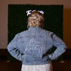 Stage the perfect engagement photoshoot with this adorable customized denim jacket. Great for bridal dress shopping, bachelorette parties, the big day, and more! This is the perfect jacket for the Bride from Bridesmaids, Mother of the Bride, Best Friends, etc. This jacket can be customized to say anything you want! Please note the name/word/phrase desired when placing order. Feel free to contact me for any further customization. Want this jacket for your bridesmaids? Message for a bulk discount Bridal Dress Shopping, Mrs Denim Jacket, Pearl Jean Jacket, Customized Denim, Jacket Customized, Perfect Jacket, Fitted Denim Jacket, Oversized Jean Jacket, Bridal Jacket