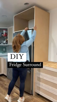 a woman standing in front of a refrigerator freezer with the words diy on it