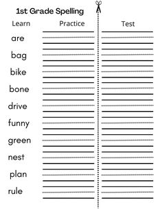 the first grade spelling worksheet is shown in black and white, with an image of