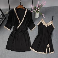 Elegant Night Sets, Elegant Fitted Sets For Night, Elegant Fitted Night Sets, Fitted Black V-neck Sets, Fitted Satin Set For Wedding Night, Fitted Sets For Summer Nights, Fitted Long Sleeve Sets For Night, Fitted Long Sleeve Sets For Wedding Night, Elegant Stretch Black Set