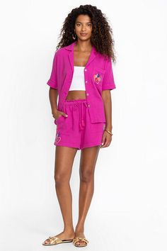 Crafted from 100% breathable cotton, these Pull On Shorts are the perfect combination of fun and function. Featuring a wide elastic waist with a drawstring for a customizable fit, these shorts are finished with intricate colorful embroidery and slip pockets. Pair with a vibrant tee and fashion sneakers for a comfortable casual look. Johnny Was Women's Pull On Short in Rose Violet Pink, Size XS, Cotton Embroidered Jeans, Boho Chic Outfits, Johnny Was, Bottom Clothes, Sneakers Fashion, Elastic Waist, Boho Chic, Casual Looks, Blouses For Women