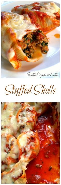 stuffed shells on a plate with sauce and cheese